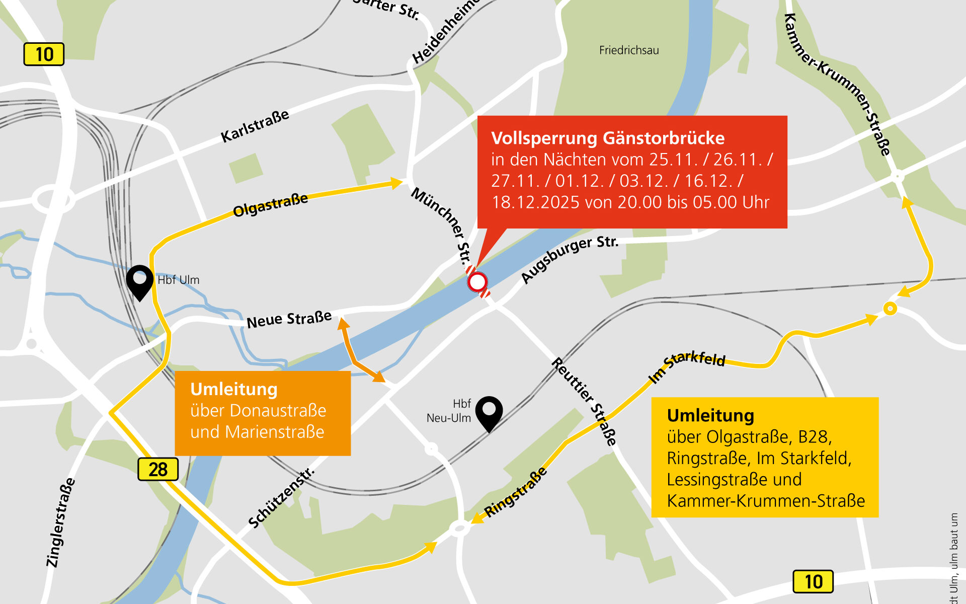 Vollsperrung Gänstorbrücke, Umleitung über Olgastraße, B28, Ringstraße, im Starkfeld, Lessingstraße, Kammer-Krummenstraße, Donaustraße und Marienstraße